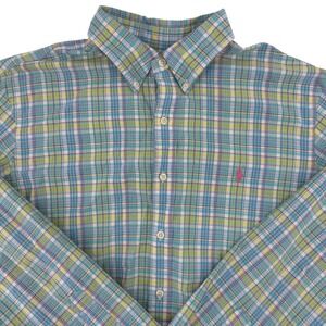 Ralph Lauren Button Down Shirt Mens XL Blue Green Plaid Madras Long Sleeve Pony